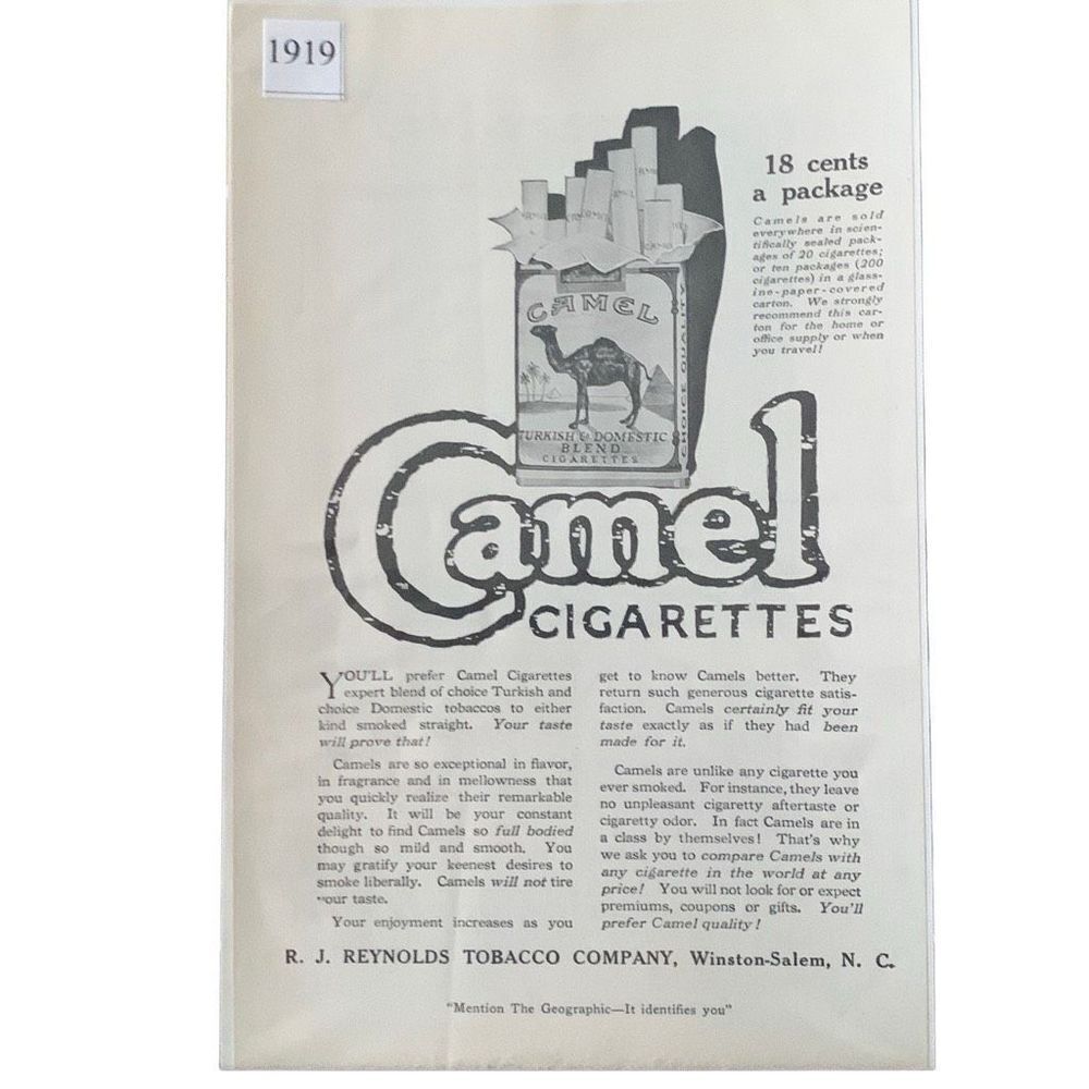 Vintage 1919 Camel Cigarettes 18 Cents a Package Ad Advertisement
